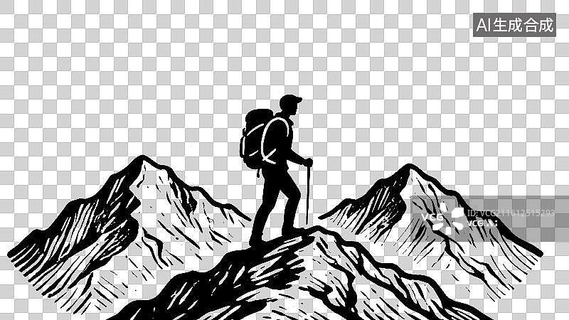 【AI数字艺术】3D渲染免抠图形元素线条山峰山脉高山和背着书包拄着登山杖的探险者剪影图案图片素材