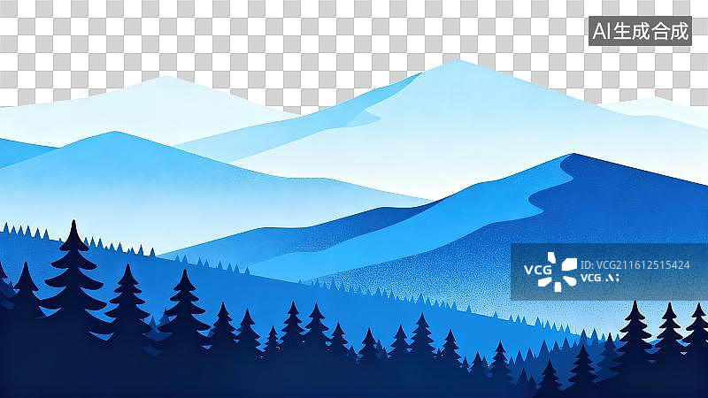 【AI数字艺术】3D渲染免抠图形元素蓝色层叠山脉与森林针叶林剪影极简清新自然风景图片素材