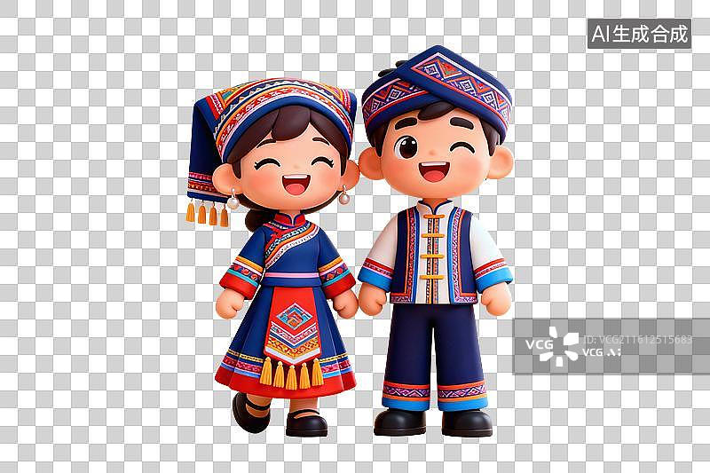 【AI数字艺术】卡通风格，一对开心的壮族青年男女PNG格式的免扣元素图片素材