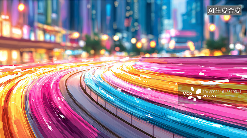 【AI数字艺术】彩色光轨的城市夜景图片素材