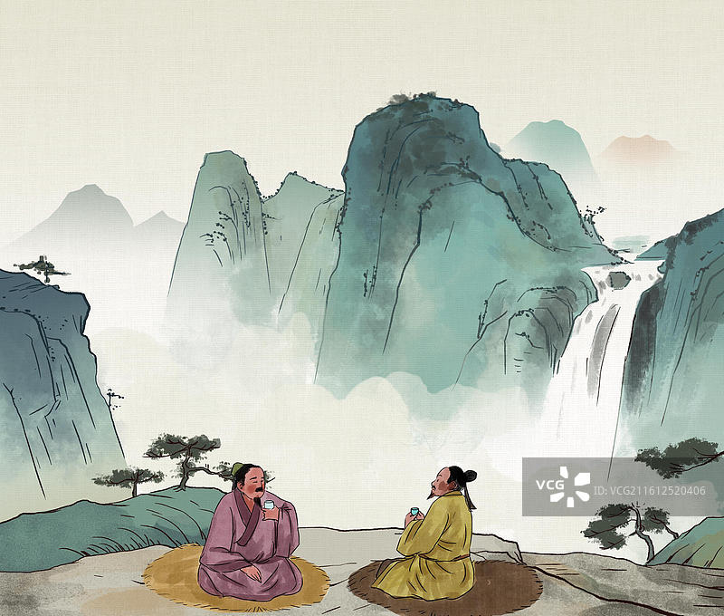 中国风新中式古风古典传统文化国学经典唐诗宋词中国画青绿山水云雾古人古时候日常生活趣味插画图片素材