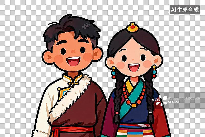 【AI数字艺术】卡通风格，一对藏族青年开心的笑着PNG格式的免扣元素图片素材