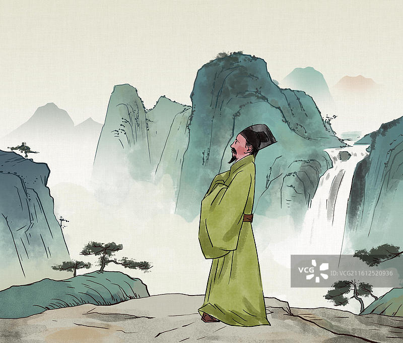 中国风新中式古风古典传统文化国学经典唐诗宋词中国画青绿山水云雾古人古时候日常生活趣味插画图片素材