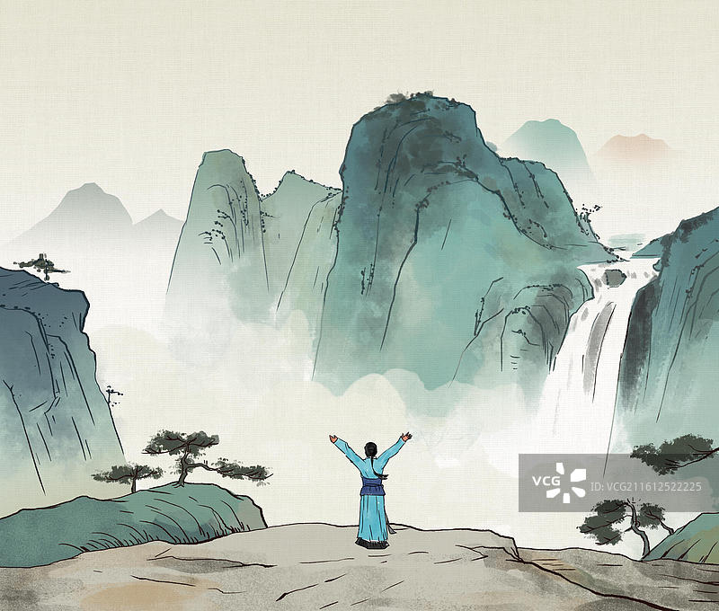 中国风新中式古风古典传统文化国学经典唐诗宋词中国画青绿山水云雾古人古时候日常生活趣味插画图片素材