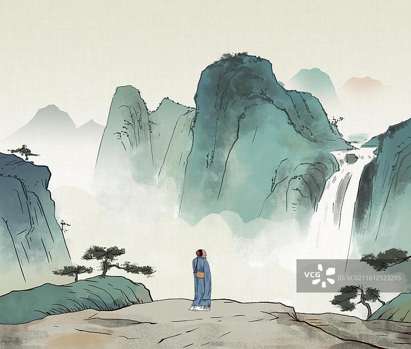 中国风新中式古风古典传统文化国学经典唐诗宋词中国画青绿山水云雾古人古时候日常生活趣味插画图片素材