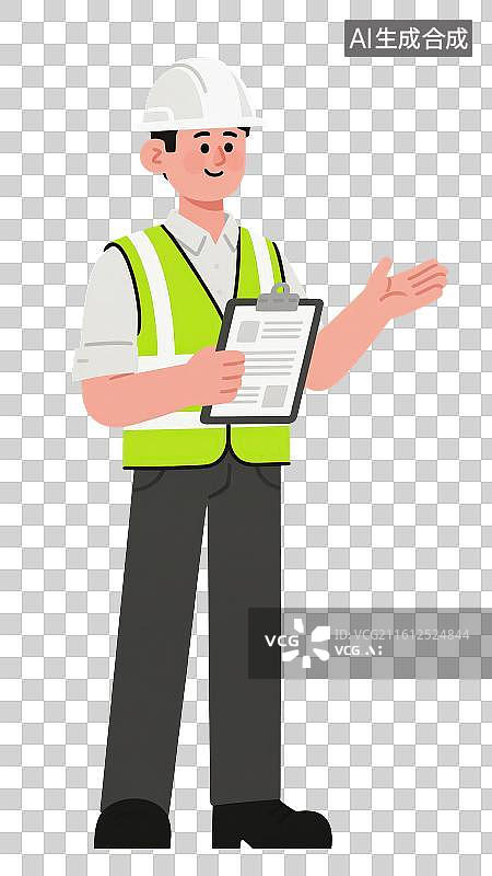 【AI数字艺术】3D渲染免抠图形元素带着白色安全帽身穿黄色反光背心手拿写字板的男性工程师全身像形象图片素材