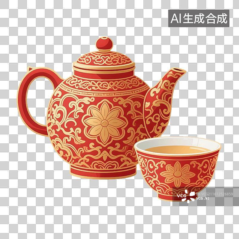 【AI数字艺术】国风手绘插画，茶具，茶壶茶杯，春茶，茶叶，茶文化，茶道免抠元素图片素材