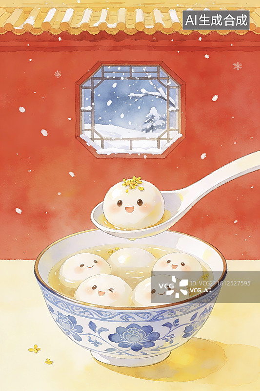 【AI数字艺术】中国传统文化节日庆典冬至元宵节东方食品美食小吃汤圆插画图片素材