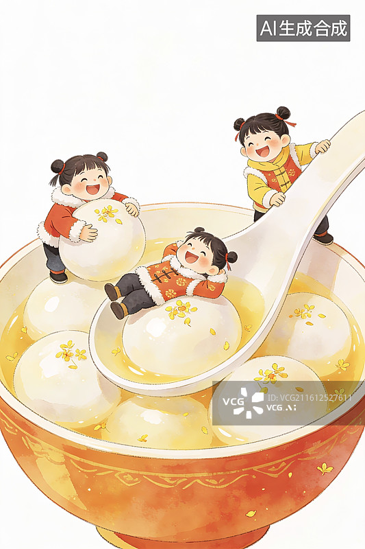 【AI数字艺术】中国传统文化节日庆典冬至元宵节东方食品美食小吃汤圆插画图片素材