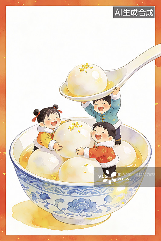 【AI数字艺术】中国传统文化节日庆典冬至元宵节东方食品美食小吃汤圆插画图片素材