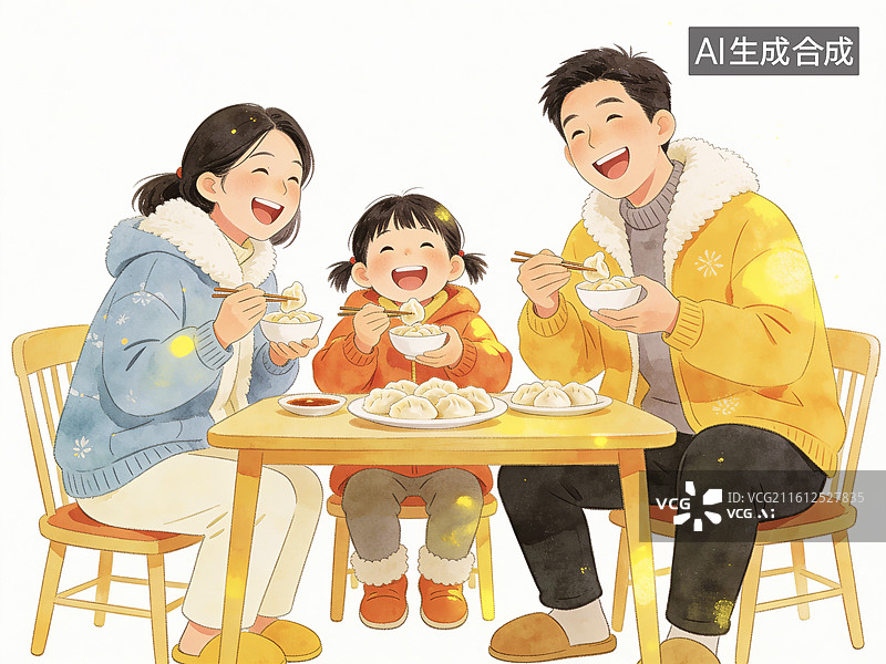 【AI数字艺术】中国传统文化节日庆典新年春节除夕年夜饭冬至元宵节东方食品美食小吃饺子家庭亲情年夜饭插画图片素材