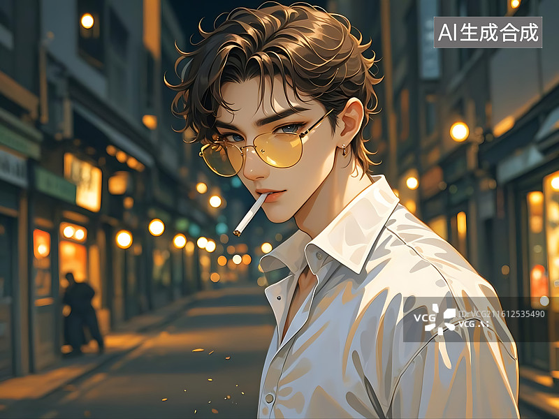 【AI数字艺术】都市夜景中的戴墨镜青年图片素材
