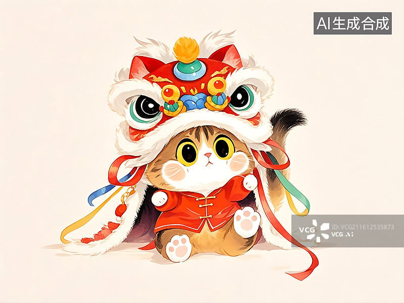 【AI数字艺术】卡通猫咪戴舞狮头饰可爱形象图片素材