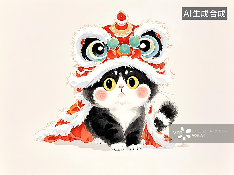 【AI数字艺术】戴舞狮头套的黑白猫咪图片素材
