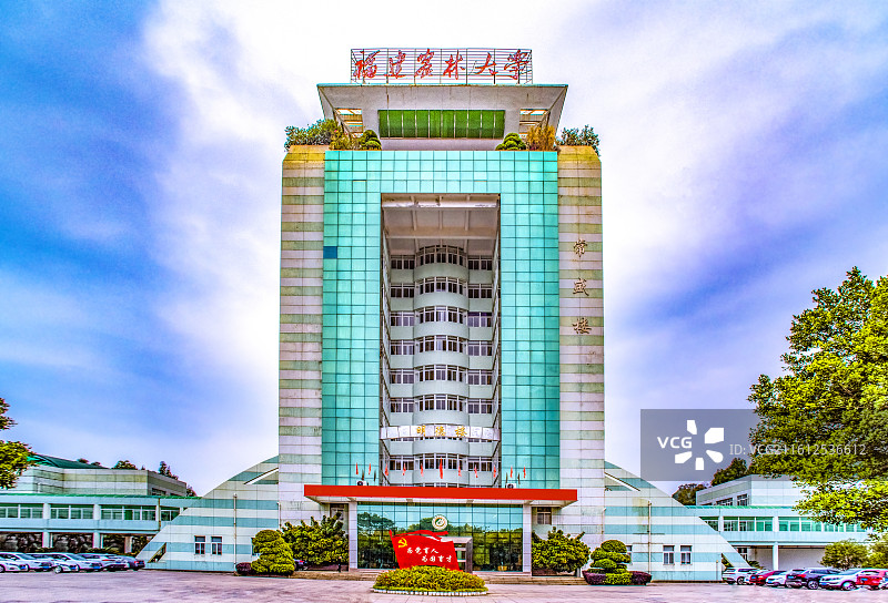 蓝天白云下福建农林大学明德楼常盛楼雄伟壮观火箭外形腾飞气势恢宏外墙设计深浅交错恰似黑白琴键铺展正视图图片素材