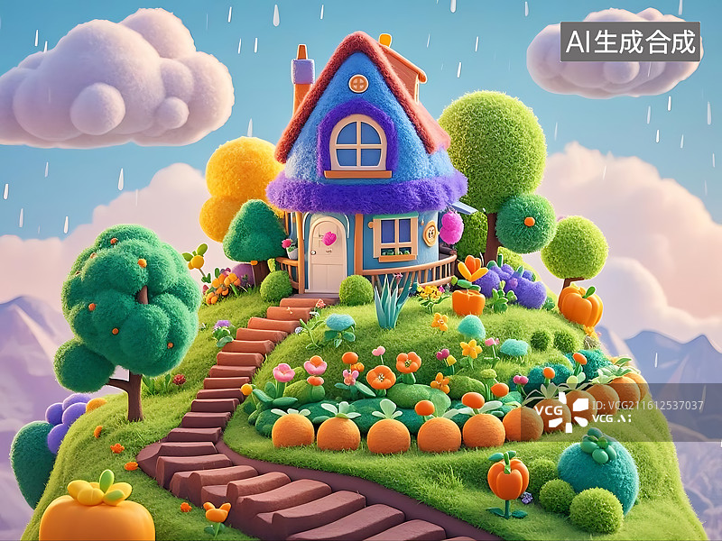 【AI数字艺术】童话风格梦幻小屋与南瓜花园图片素材