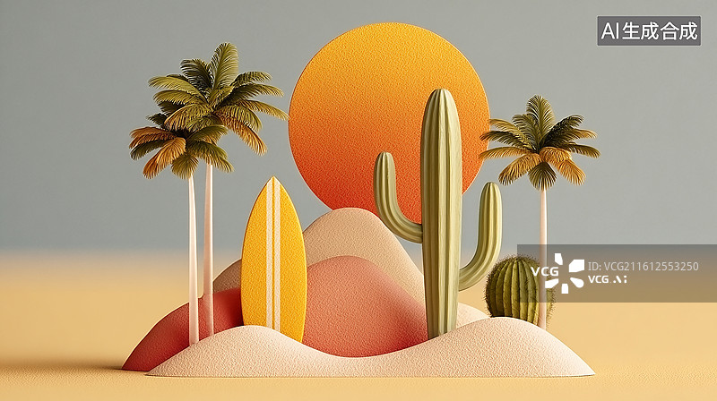 【AI数字艺术】夏日冲浪仙人掌场景图片素材