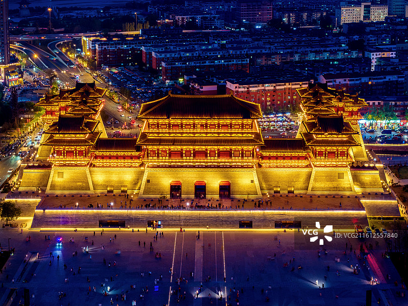 中国河南洛阳隋唐洛阳城国家遗址公园应天门航拍夜景风光图片素材