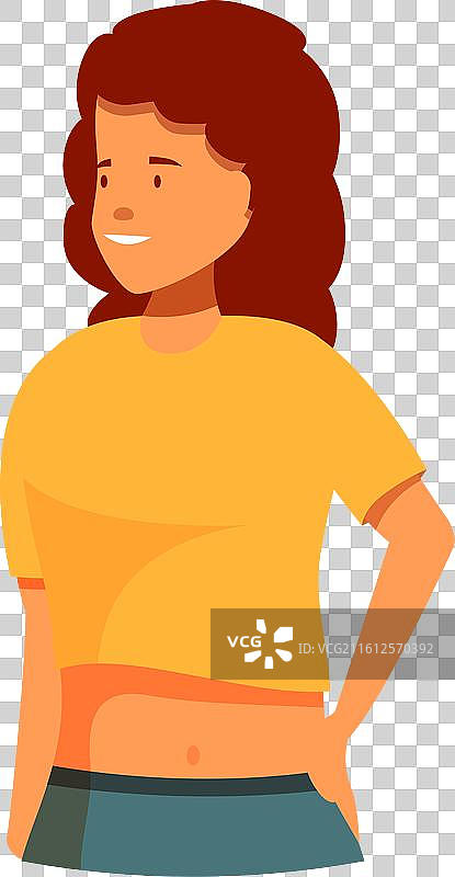 一位年轻女子叉着腰，面带微笑地摆姿势。图片素材