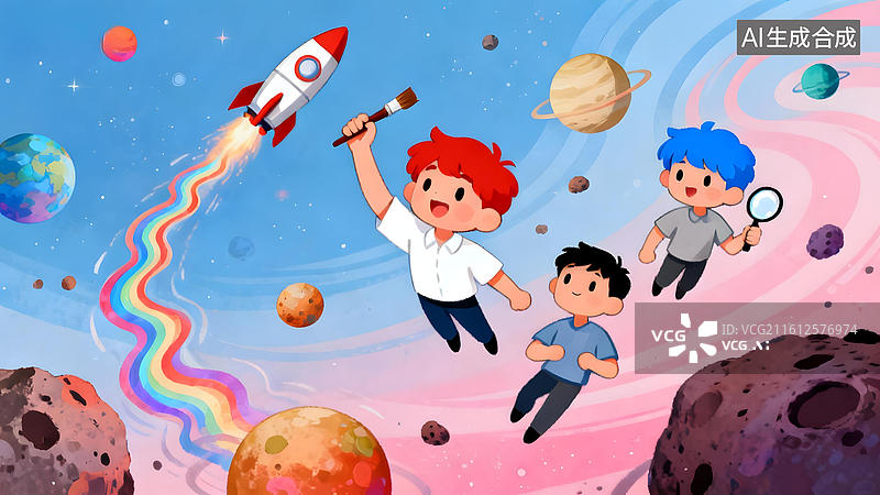 【AI数字艺术】儿童在太空探索冒险图片素材