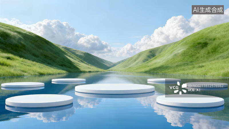 【AI数字艺术】湖面浮台与青山绿水图片素材