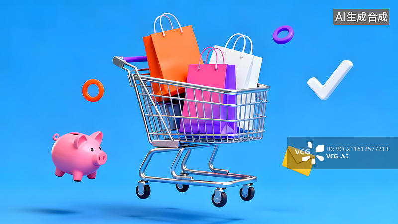 【AI数字艺术】购物车与彩色购物袋图片素材