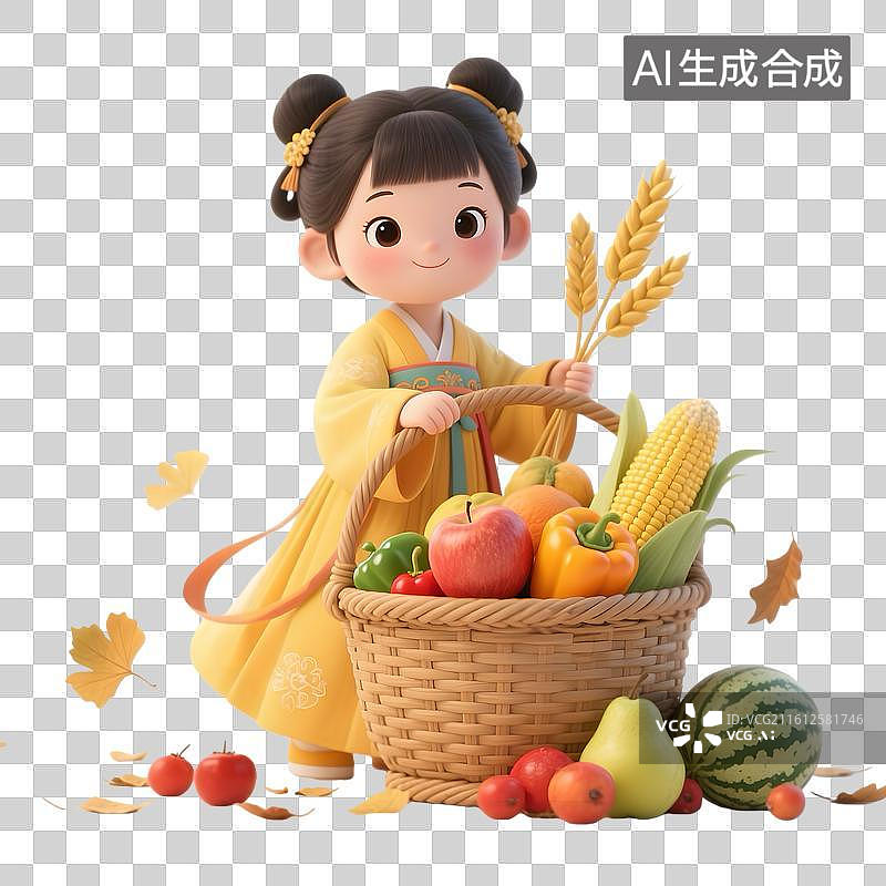 【AI数字艺术】3D小女孩拿着麦穗大丰收元素图图片素材
