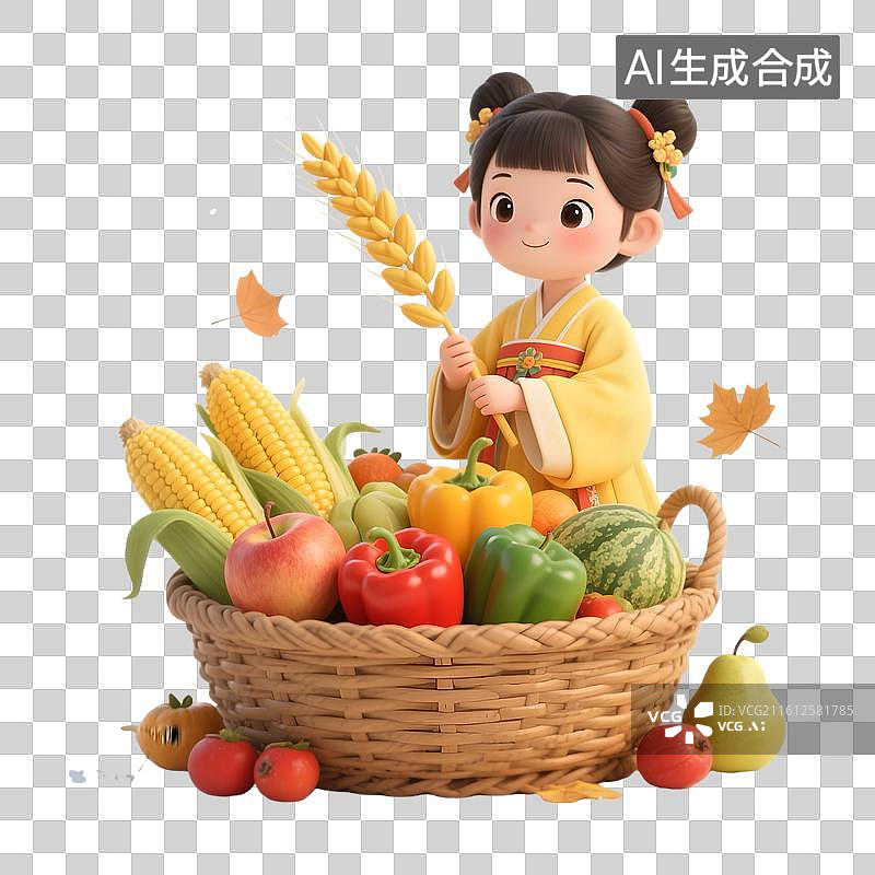 【AI数字艺术】3D小女孩拿着麦穗大丰收元素图图片素材