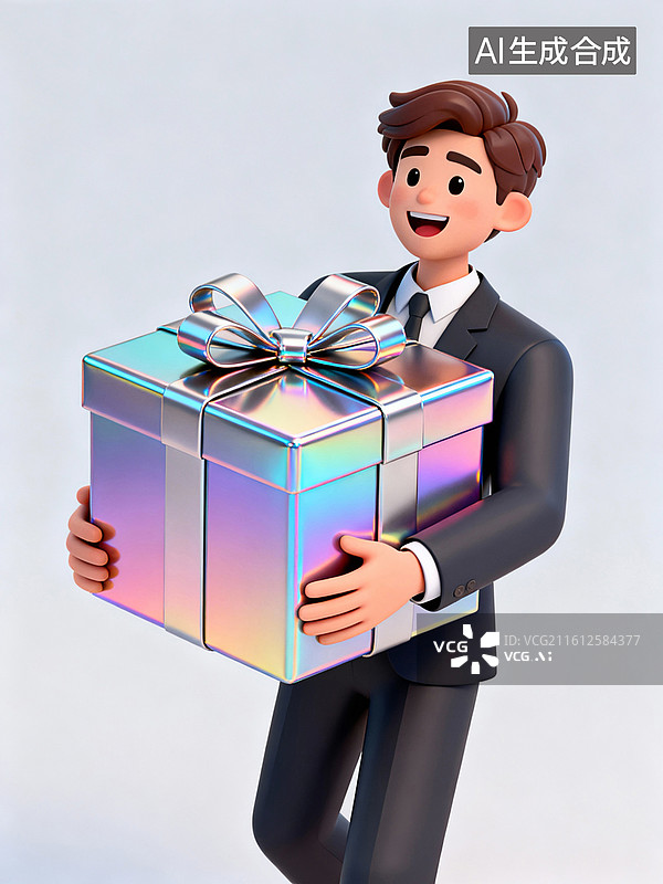 【AI数字艺术】年轻男子开心地抱着礼物  抱礼物盒系列插画图片素材