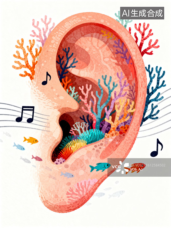 【AI数字艺术】耳内珊瑚海：健康听觉的生机图谱图片素材