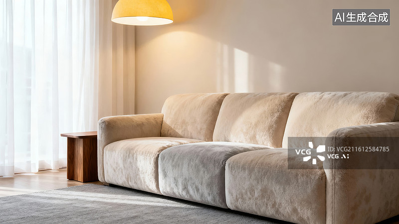 【AI数字艺术】米色绒面沙发客厅场景图片素材