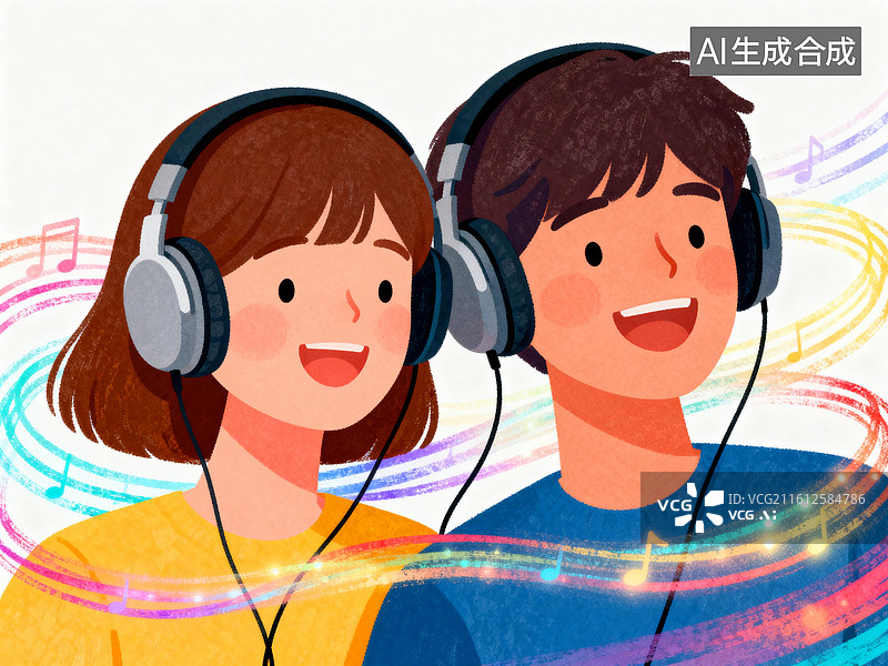 【AI数字艺术】两个好朋友分享同一副耳机，各自聆听 3月爱耳日人物主题创意插画系列图片素材