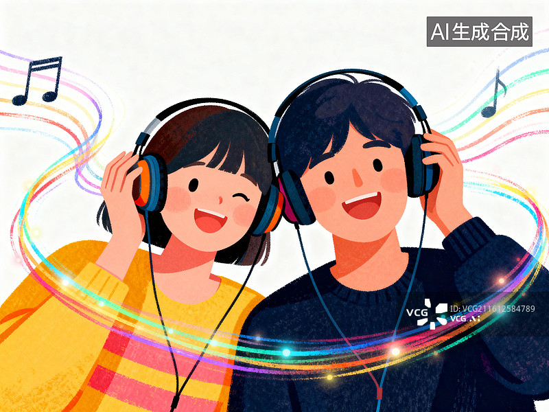 【AI数字艺术】耳机分你一半  3月爱耳日人物主题创意插画系列图片素材