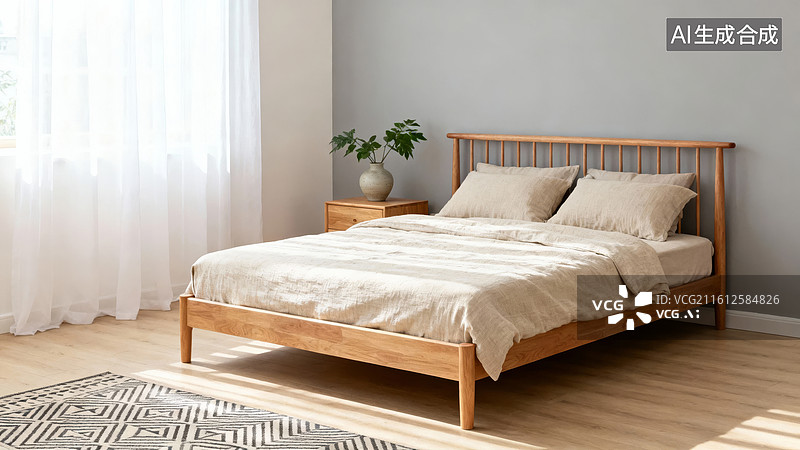 【AI数字艺术】简约木质床卧室场景图片素材