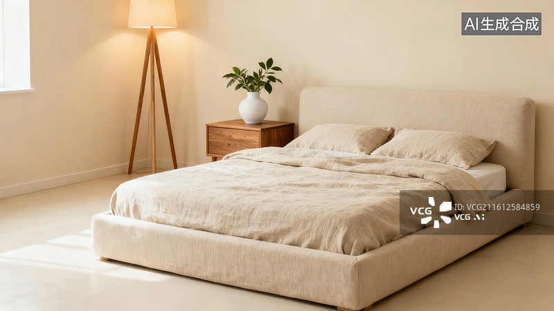 【AI数字艺术】简约风格卧室床铺布置图片素材