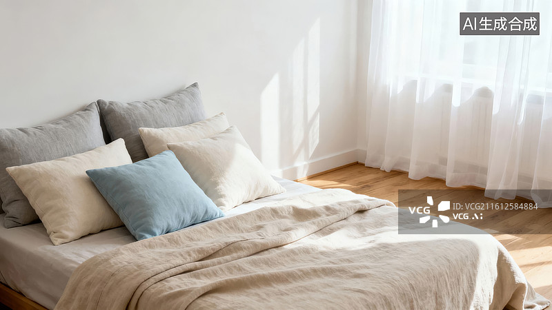 【AI数字艺术】简约卧室阳光照耀图片素材