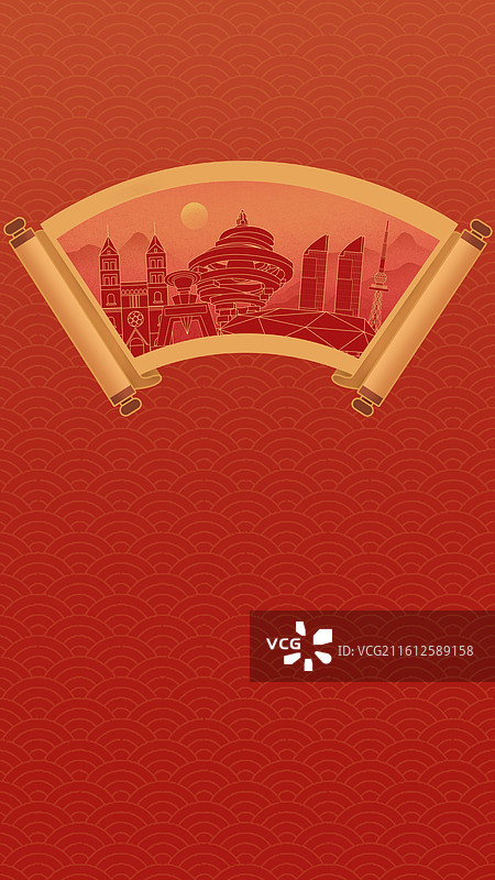 青岛中国风画卷古典卷轴书卷手绘城市建筑图片素材