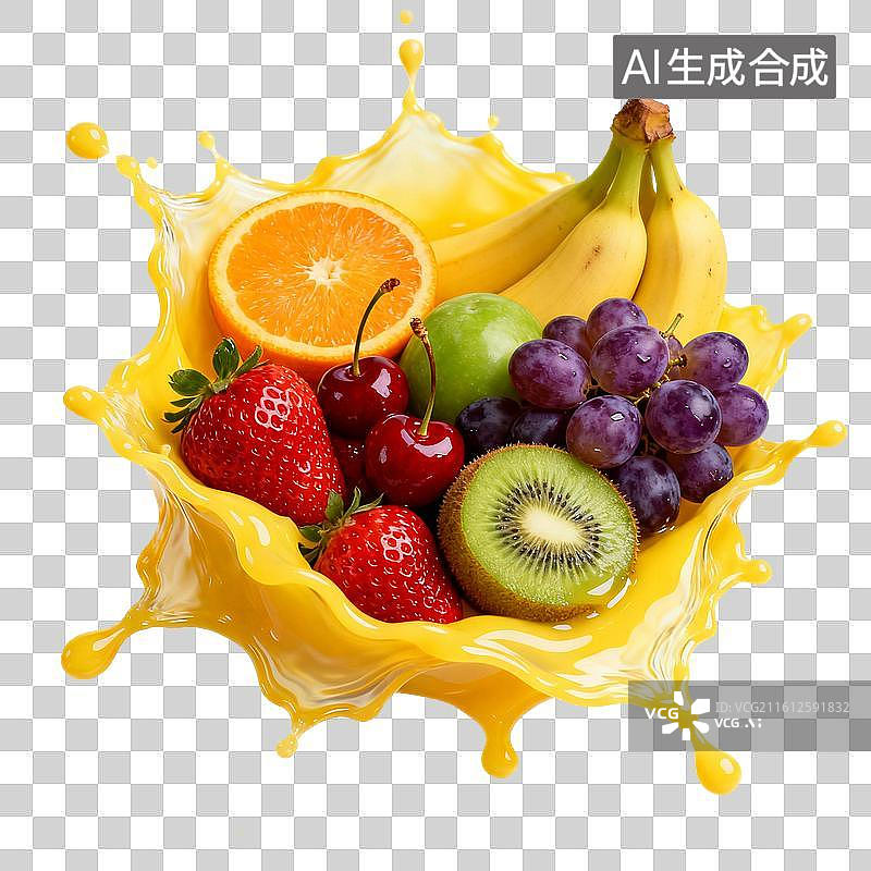 【AI数字艺术】鲜果组合鲜亮果汁飞溅场景图片素材