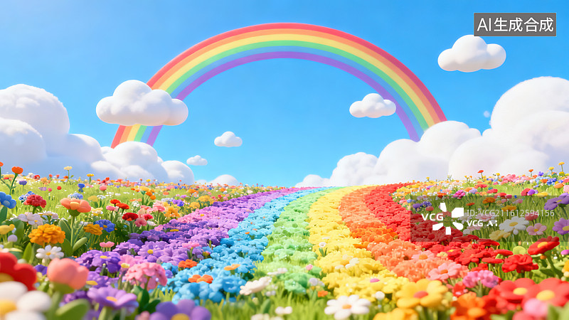 【AI数字艺术】蓝天背景彩虹花海 3D 浪漫场景图片素材