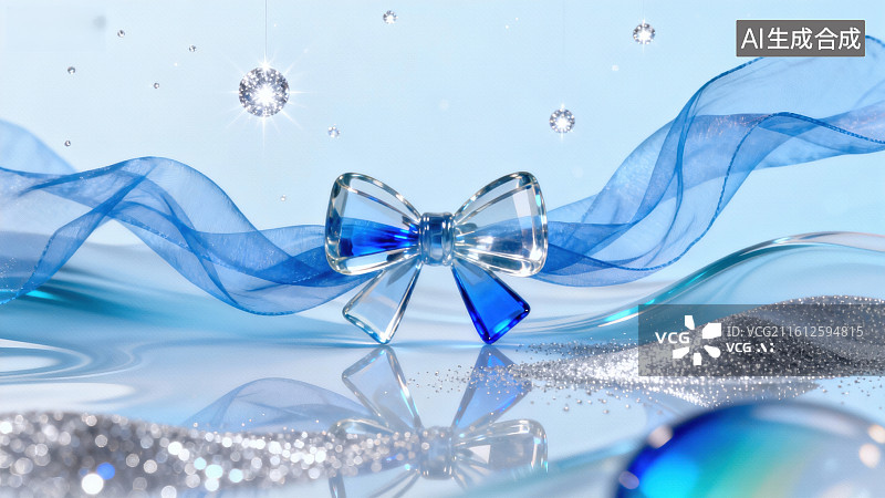 【AI数字艺术】蓝色水晶蝴蝶结与飘带图片素材