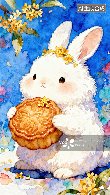 【AI数字艺术】白兔手持月饼水彩画图片素材