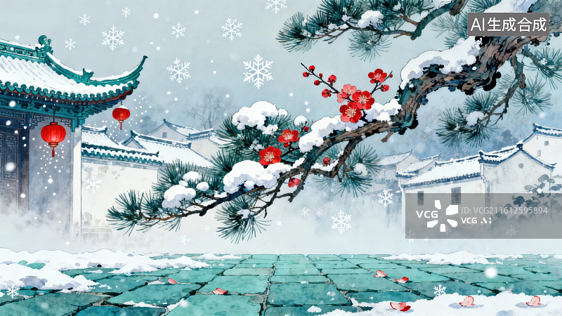 【AI数字艺术】雪中古建筑与红梅图片素材