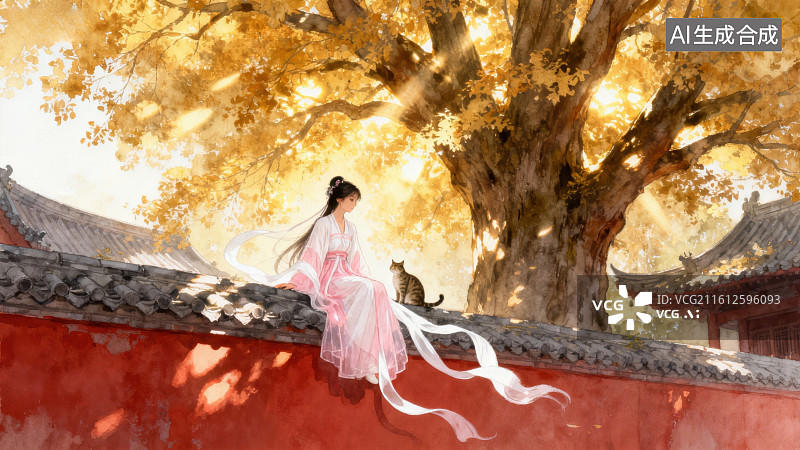 【AI数字艺术】古装女子秋树下静坐图片素材