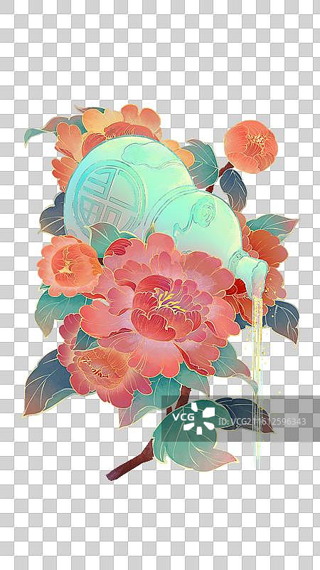 国潮风2026马年新春插画牡丹葫芦福禄富贵新年海报透明免扣素材图片素材