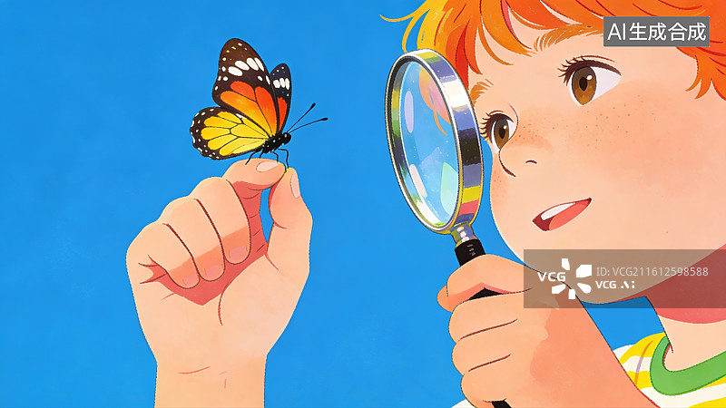 【AI数字艺术】拿放大镜观察蝴蝶的男孩图片素材