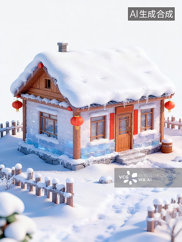 【AI数字艺术】冰雪覆盖的东北房子三维元素图片素材