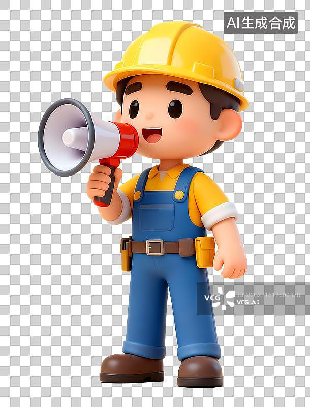 【AI数字艺术】手拿喇叭的工人3D卡通免抠元素图片素材