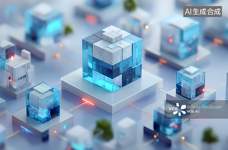 【AI数字艺术】科技感透明立方元素，蓝调未来风，适配科技、数字主题的设计背景。图片素材