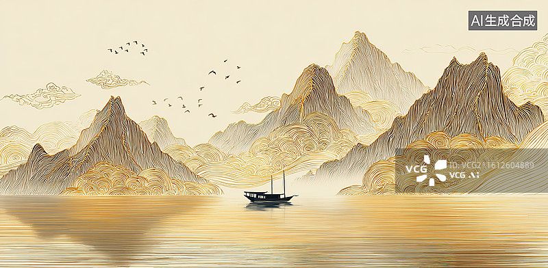 【AI数字艺术】山水画中孤舟泛湖图片素材