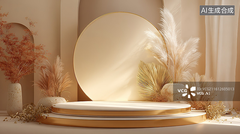【AI数字艺术】金色圆形展台与干花装饰图片素材